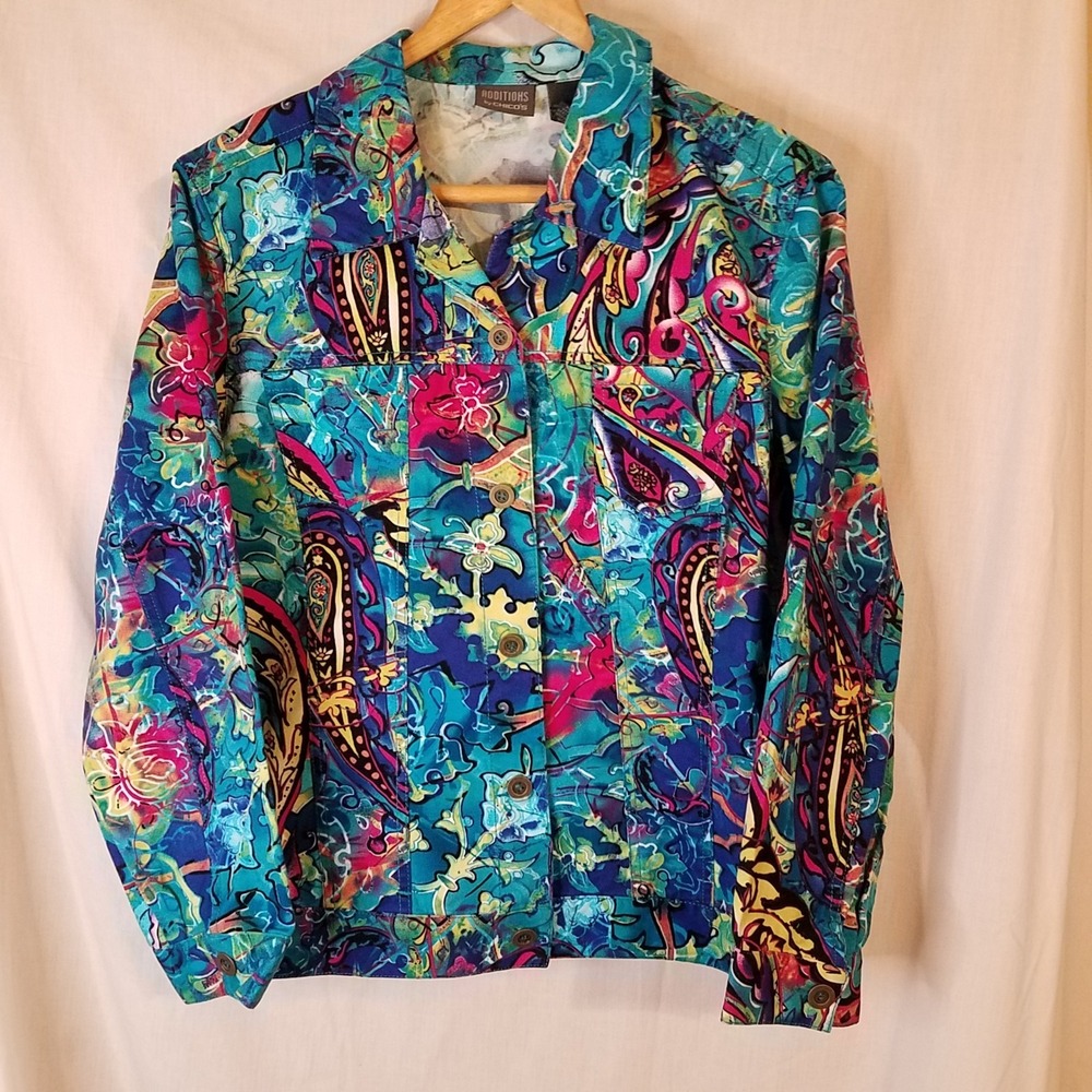 Additions by‎ Chico's Colorful Abstract Women Denim-Style Jacket Size 2